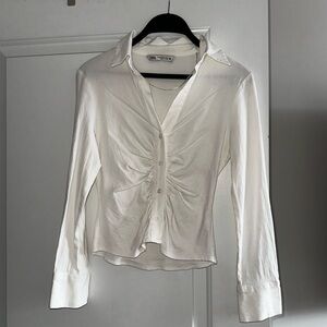Zara White Ruched Button Down (Size XS)